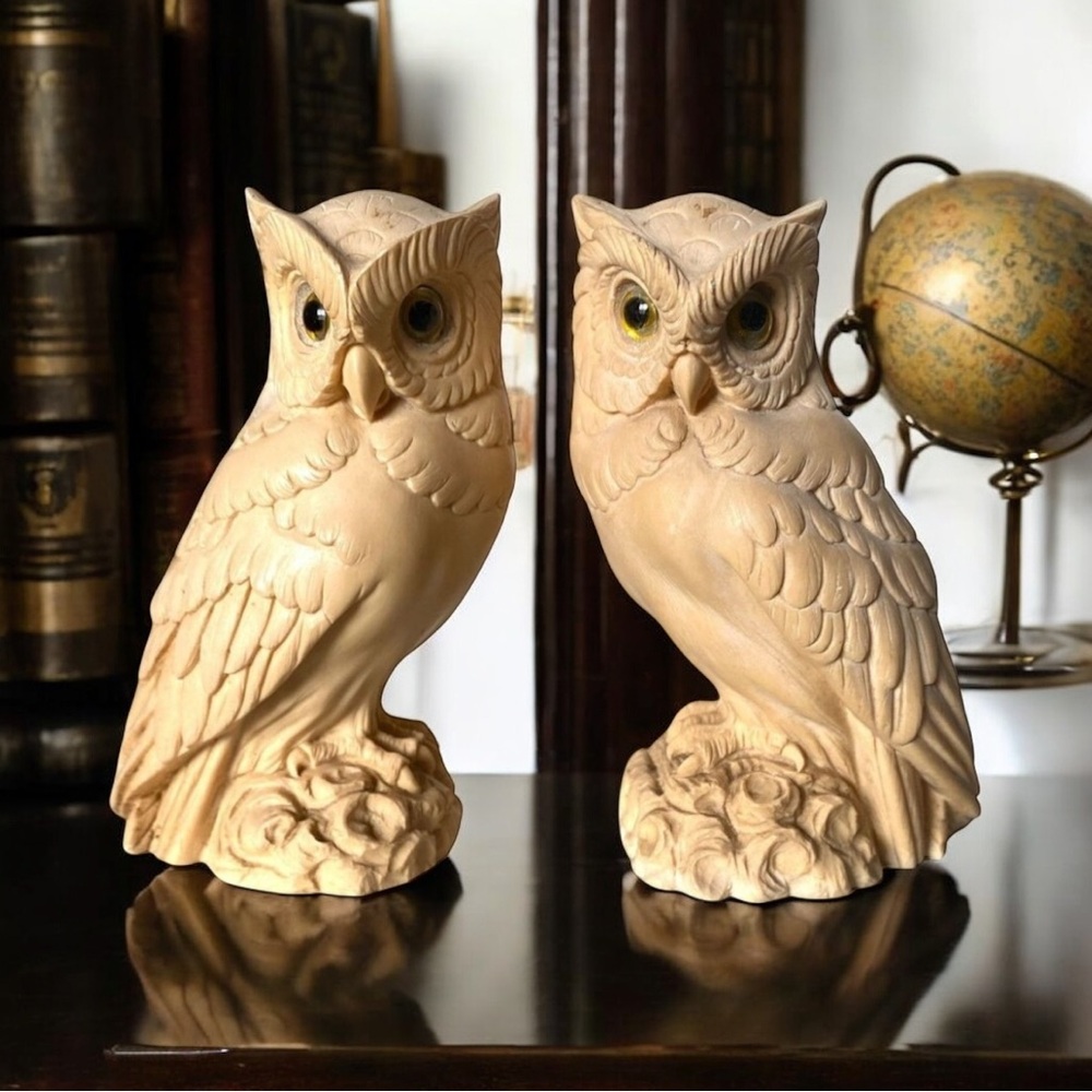 Alabaster Owl Figurines A. Giannelli  Pair 5" Italy E&R 1970s